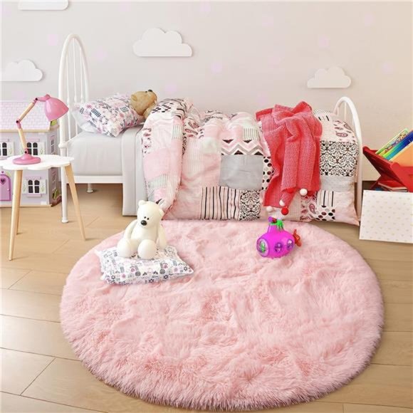 Pink Round Rug 5x5Feet Fluffy Soft Area Rugs for Kids Girls Room Princess Castle - Picture 5 of 6